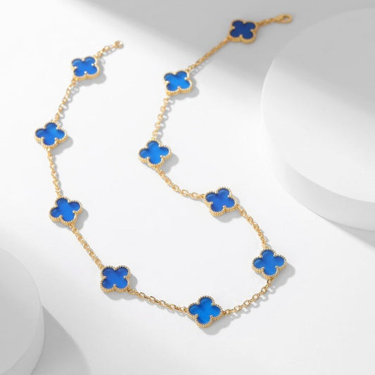 [⭐Luxery]CLOVER 10 MOTIFS BLUE AGATE NECKLACE