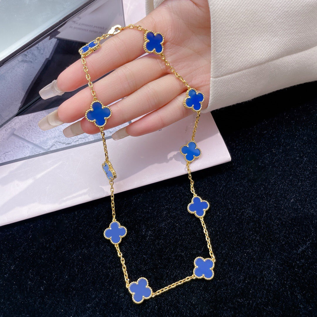 [⭐Luxery]CLOVER 10 MOTIFS BLUE AGATE NECKLACE