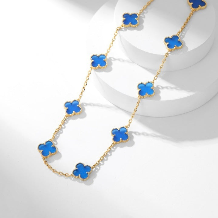 [⭐Luxery]CLOVER 10 MOTIFS BLUE AGATE NECKLACE