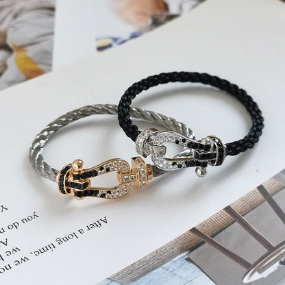 [⭐Luxery]FORCE LARGE HORSESHOE BLACK WHITE DIAMOND BRACELET SILVER