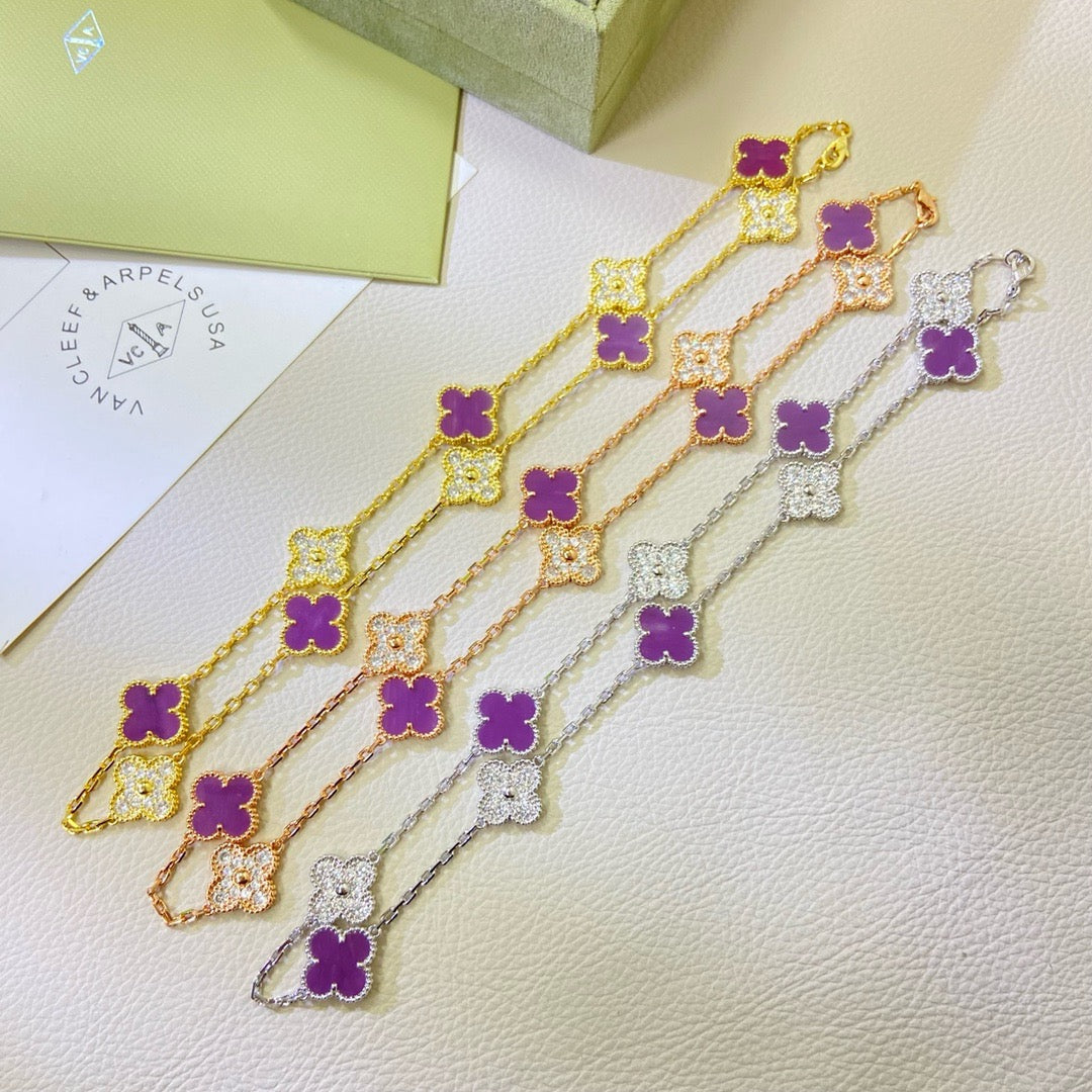 [⭐Luxery Jewelry]CLOVER 10 MOTIFS  PURPLE VIOLET DIAMOND NECKLACE