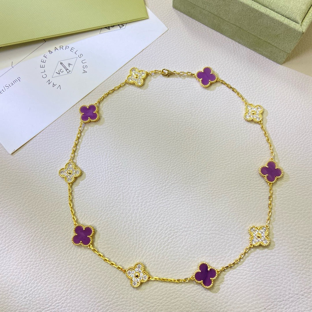 [⭐Luxery Jewelry]CLOVER 10 MOTIFS  PURPLE VIOLET DIAMOND NECKLACE