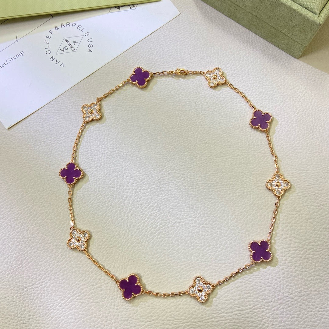 [⭐Luxery Jewelry]CLOVER 10 MOTIFS  PURPLE VIOLET DIAMOND NECKLACE
