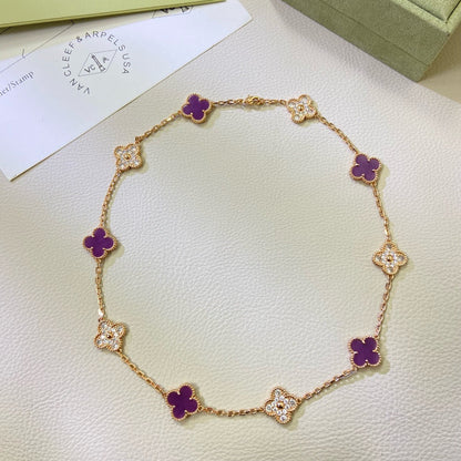 [⭐Luxery Jewelry]CLOVER 10 MOTIFS  PURPLE VIOLET DIAMOND NECKLACE