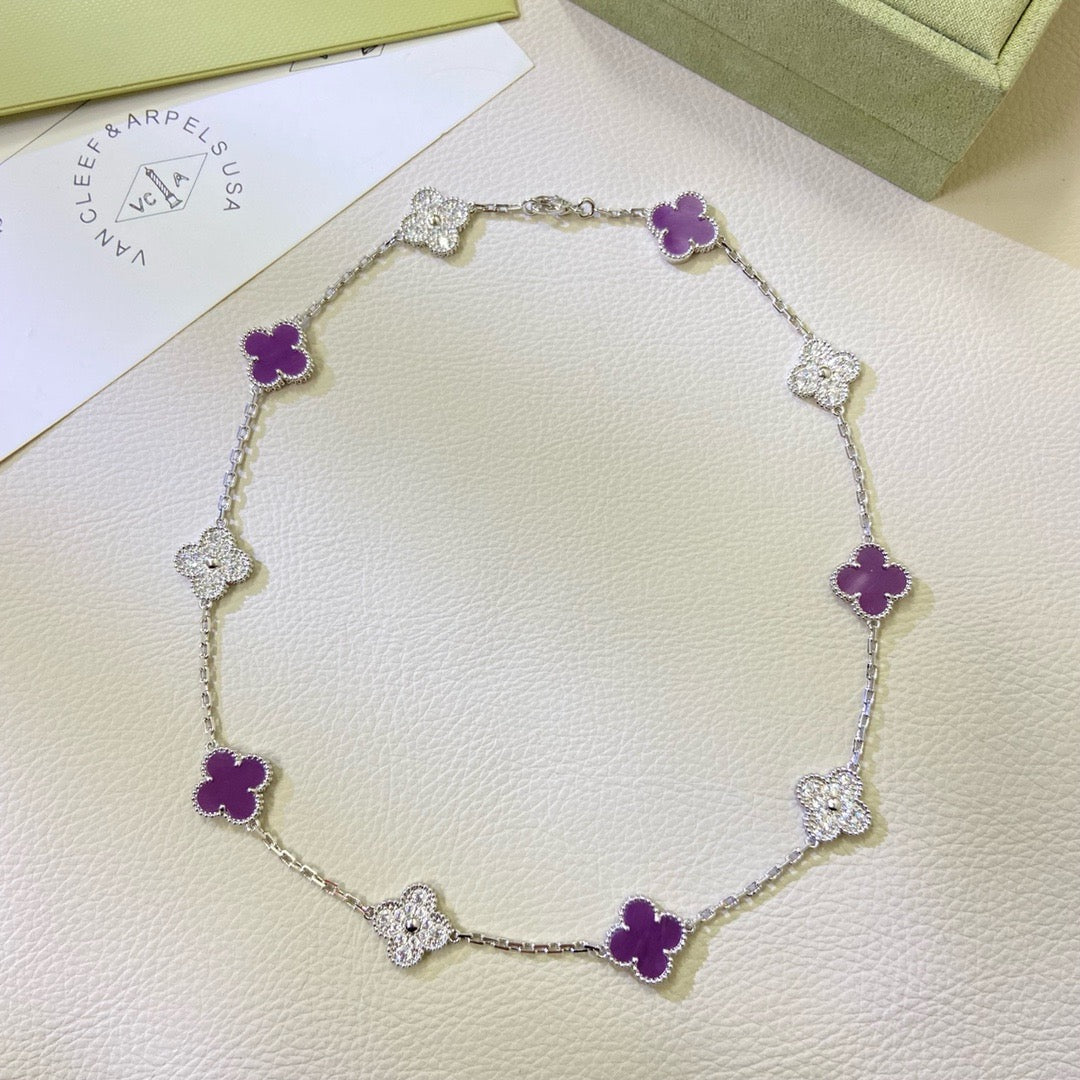 [⭐Luxery Jewelry]CLOVER 10 MOTIFS  PURPLE VIOLET DIAMOND NECKLACE