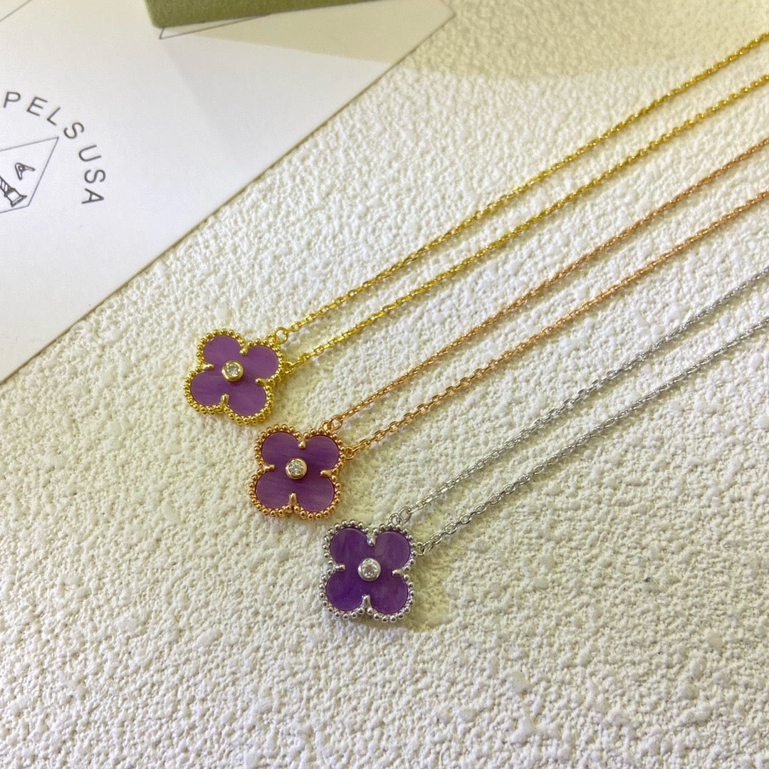 [⭐Luxery Jewelry]CLOVER 15MM DIAMOND  PURPLE VIOLET NECKLACE