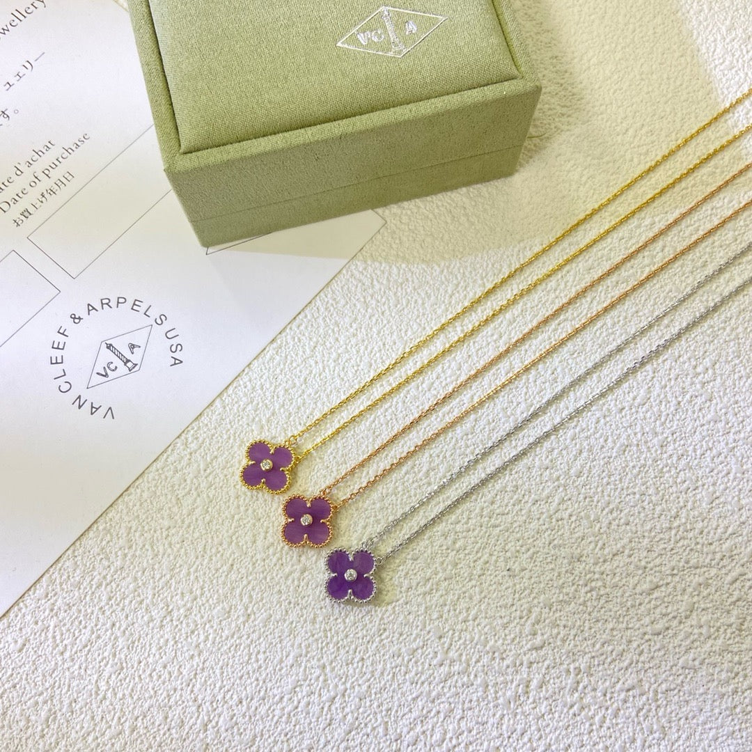 [⭐Luxery Jewelry]CLOVER 15MM DIAMOND  PURPLE VIOLET NECKLACE