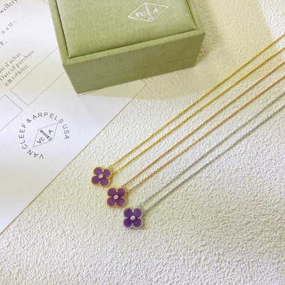 [⭐Luxery Jewelry]CLOVER 15MM DIAMOND  PURPLE VIOLET NECKLACE