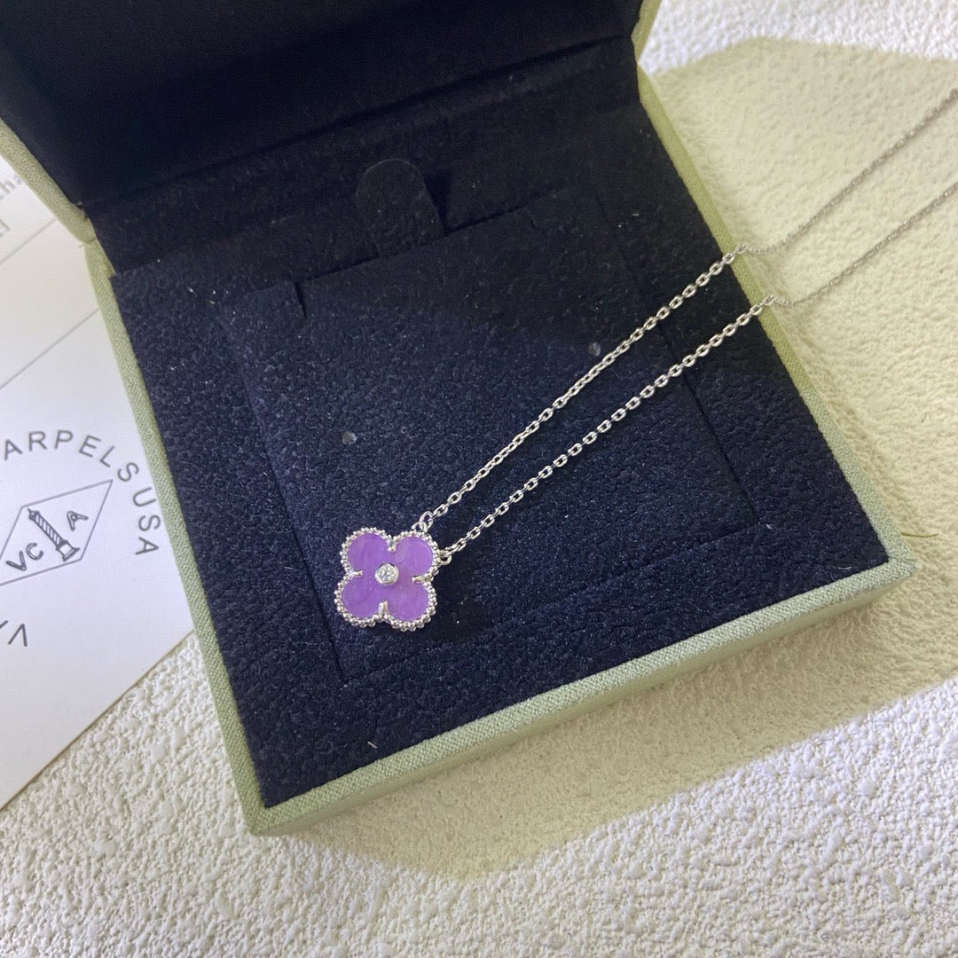 [⭐Luxery Jewelry]CLOVER 15MM DIAMOND  PURPLE VIOLET NECKLACE