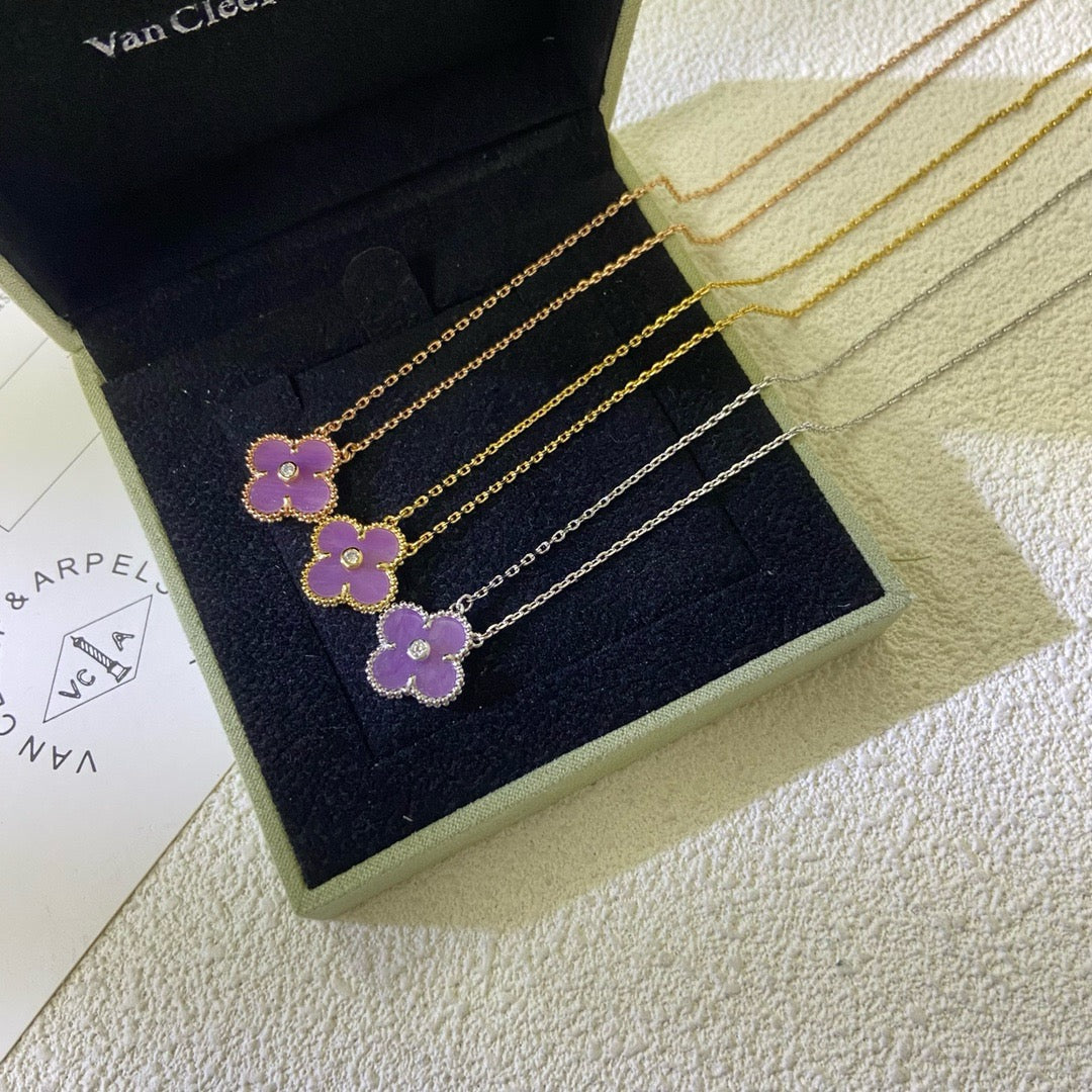 [⭐Luxery Jewelry]CLOVER 15MM DIAMOND  PURPLE VIOLET NECKLACE