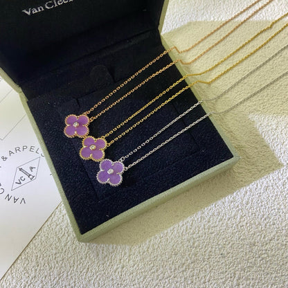 [⭐Luxery Jewelry]CLOVER 15MM DIAMOND  PURPLE VIOLET NECKLACE