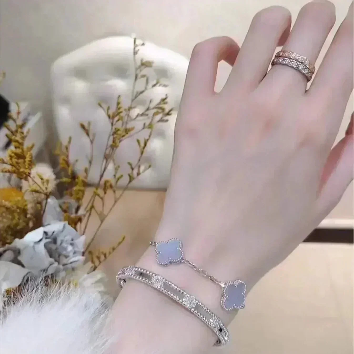 [⭐Luxery] CLOVER 5 MOTIF PURPLE CHALCEDONY BRACELET COLLECTION
