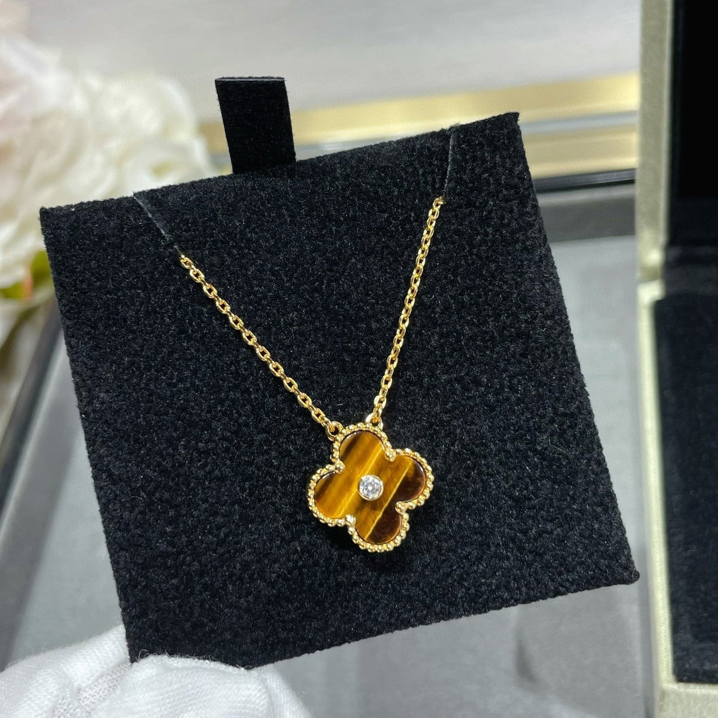 [⭐Luxery]CLOVER 15MM DIAMOND AND YELLOW TIGER'S EYE AGATE necklace
