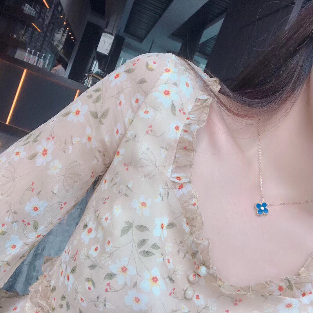 [⭐Luxery]CLOVER 15MM DIAMOND AND BLUE AGATE NECKLACE