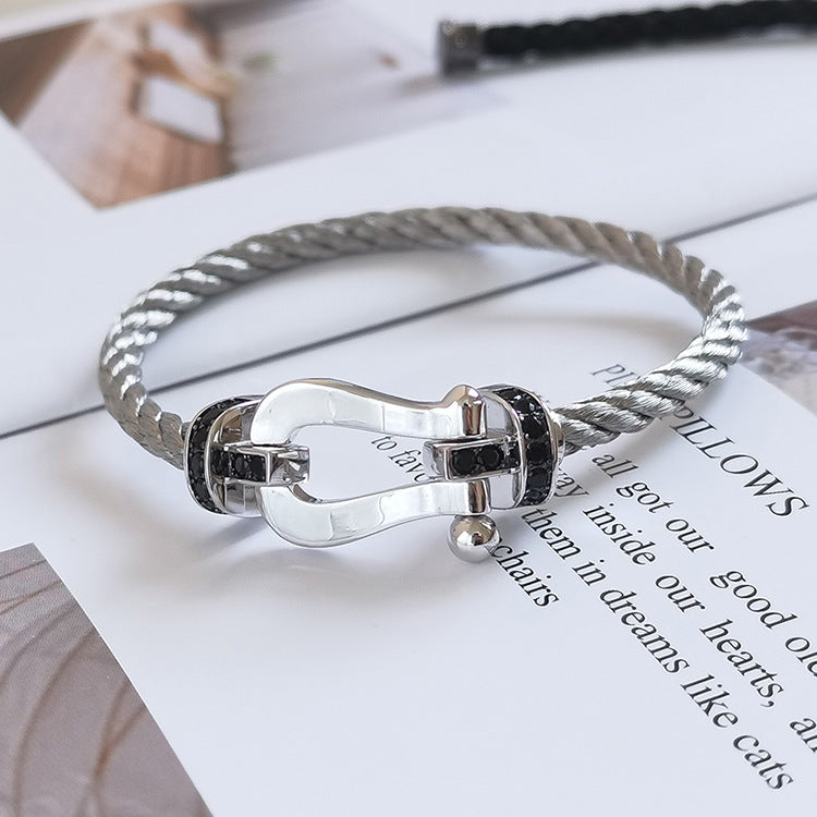 [⭐Luxery]FORCE LARGE HORSESHOE BLACK DIAMOND BRACELET SILVER