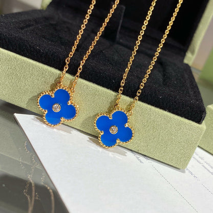 [⭐Luxery]CLOVER 15MM DIAMOND AND BLUE AGATE NECKLACE
