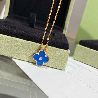 [⭐Luxery]CLOVER 15MM DIAMOND AND BLUE AGATE NECKLACE
