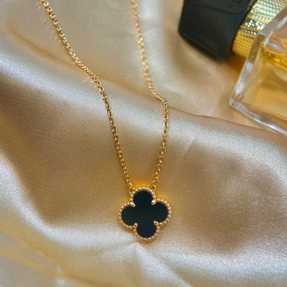 [⭐Luxery]CLOVER 15MM BLACK ONYX SINGLE FLOWER NECKLACE