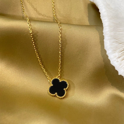[⭐Luxery]CLOVER 15MM BLACK ONYX SINGLE FLOWER NECKLACE