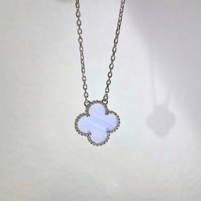[⭐Luxery]CLOVER 15MM BLUE CHALCEDONY NECKLACE SILVER