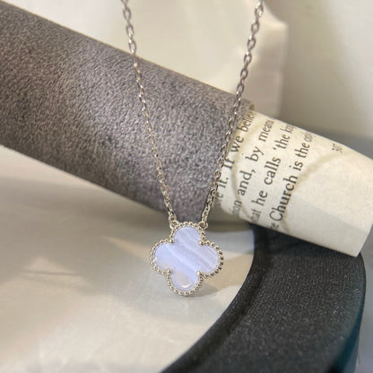 [⭐Luxery]CLOVER 15MM BLUE CHALCEDONY NECKLACE SILVER