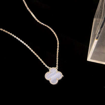 [⭐Luxery]CLOVER 15MM BLUE CHALCEDONY NECKLACE SILVER