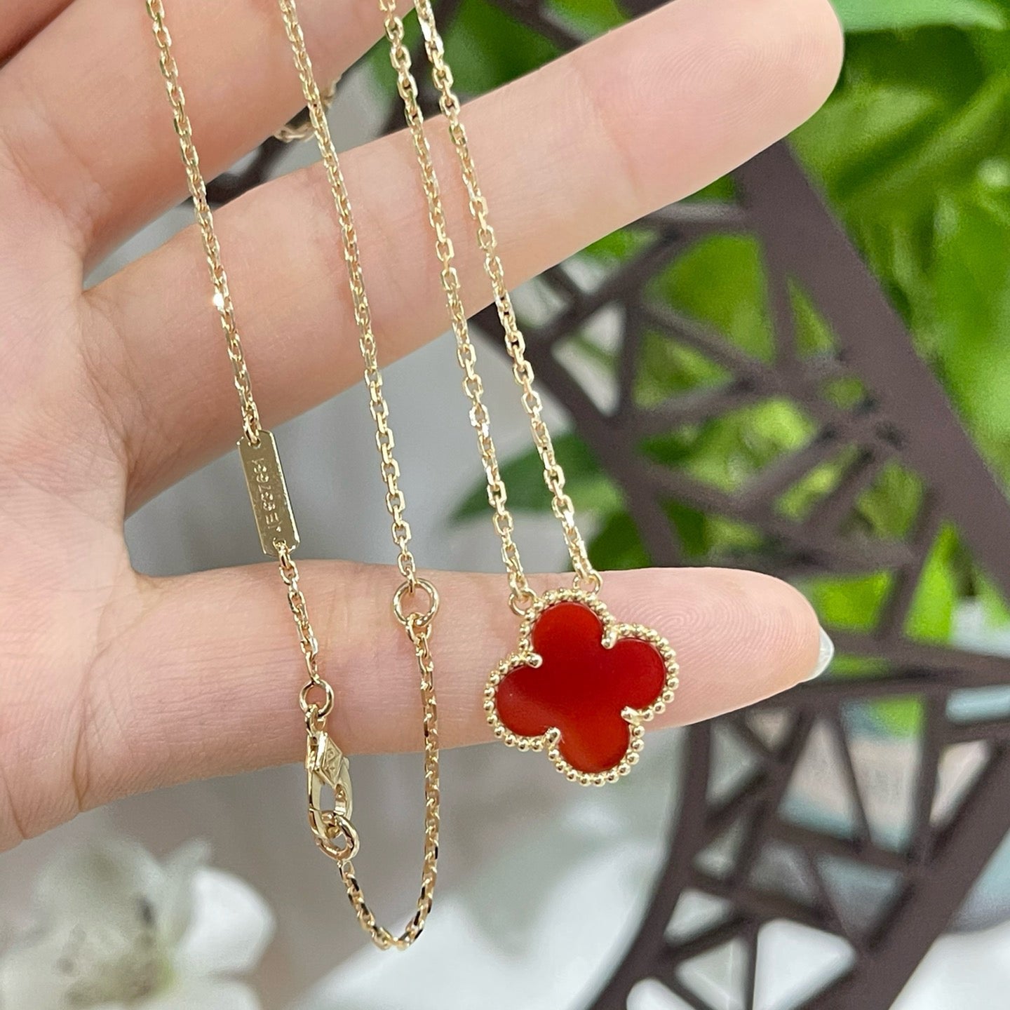 [⭐Luxery]CLOVER 15MM CARNELIAN SINGLE FLOWER NECKLACE