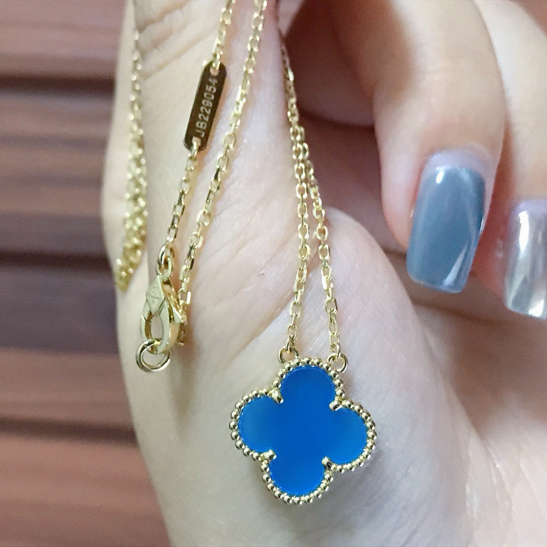 [⭐Luxery]CLOVER 15MM BLUE AGATE NECKLACE
