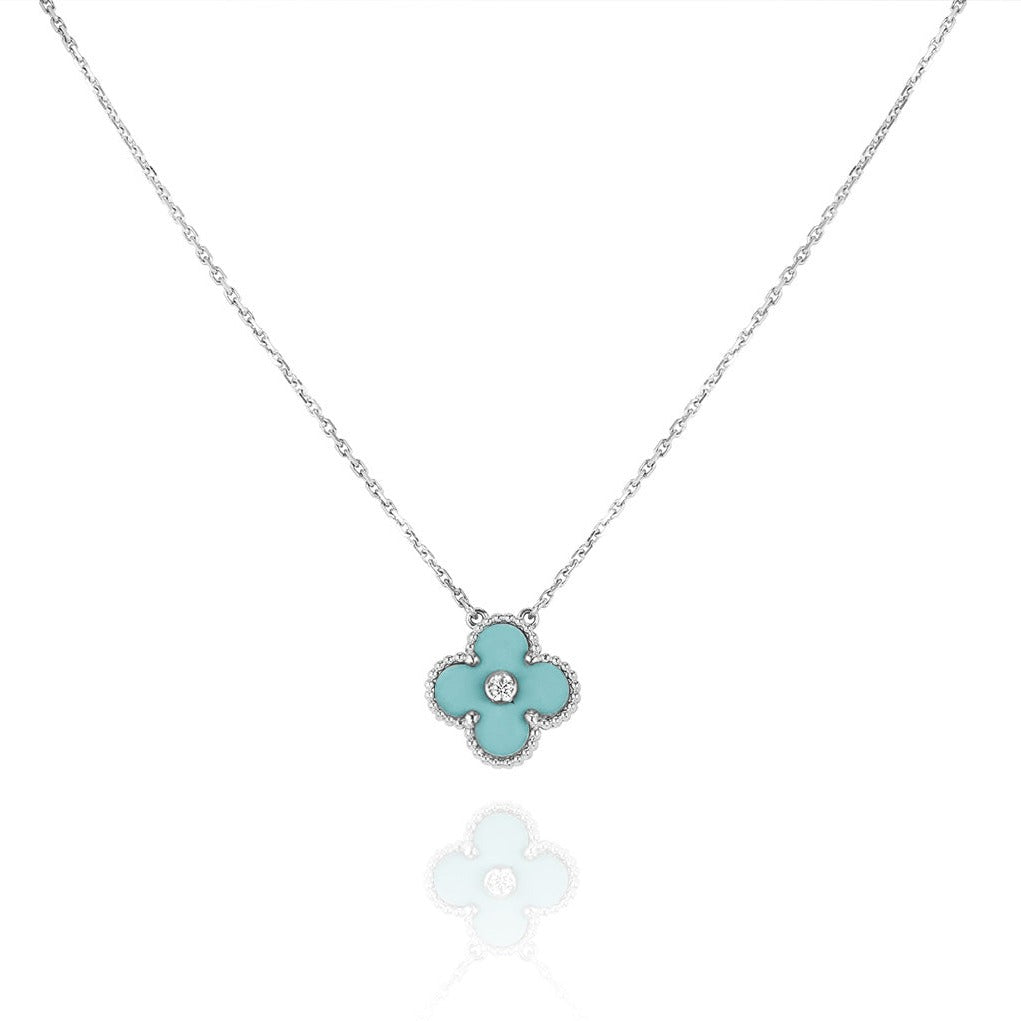 [⭐Luxery]CLOVER 1 DIAMOND LIGHT BLUE SILVER NECKLACE