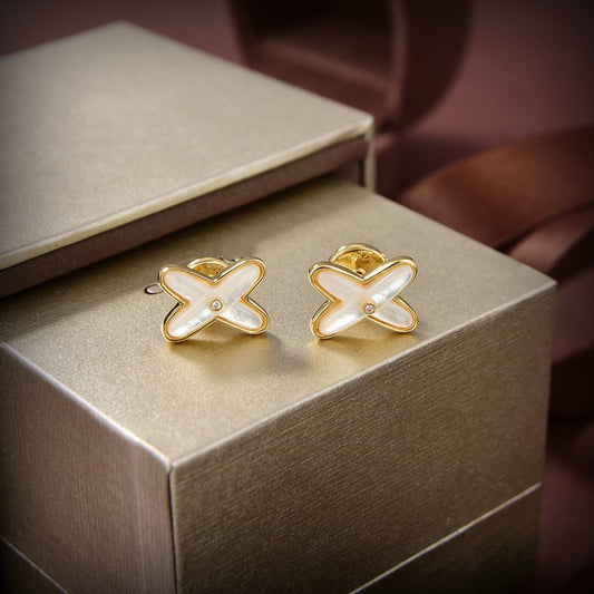 [⭐Luxery]JEUX DE WHITE MOP GOLD DIAMOND EARRINGS