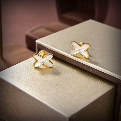 [⭐Luxery]JEUX DE WHITE MOP GOLD DIAMOND EARRINGS