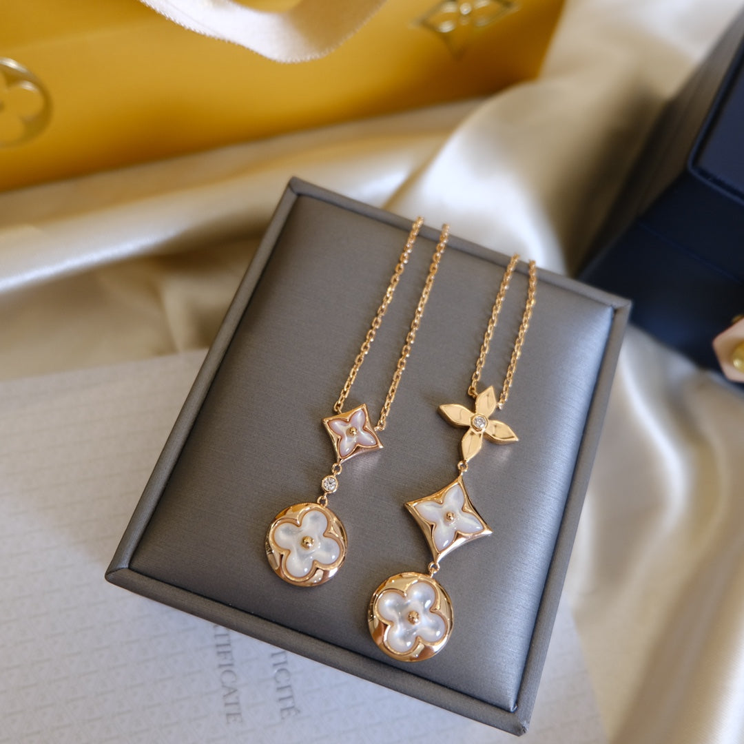 [⭐Luxery]COLOR BLOSSOM LARIAT NECKLACE PINK GOLD WHITE MOTHER PEARL AND DIAMOND