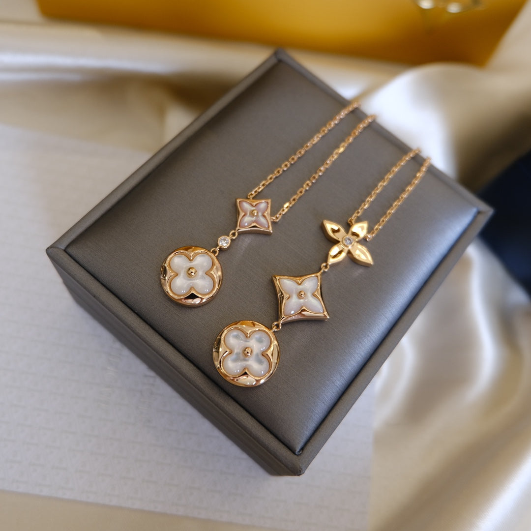 [⭐Luxery]COLOR BLOSSOM LARIAT NECKLACE PINK GOLD WHITE MOTHER PEARL AND DIAMOND