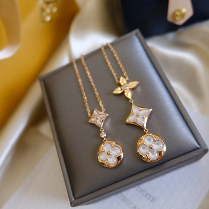[⭐Luxery]COLOR BLOSSOM LARIAT NECKLACE PINK GOLD WHITE MOTHER PEARL AND DIAMOND
