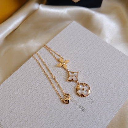 [⭐Luxery]COLOR BLOSSOM LARIAT NECKLACE PINK GOLD WHITE MOTHER PEARL AND DIAMOND