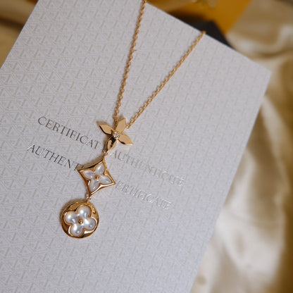 [⭐Luxery]COLOR BLOSSOM LARIAT NECKLACE PINK GOLD WHITE MOTHER PEARL AND DIAMOND