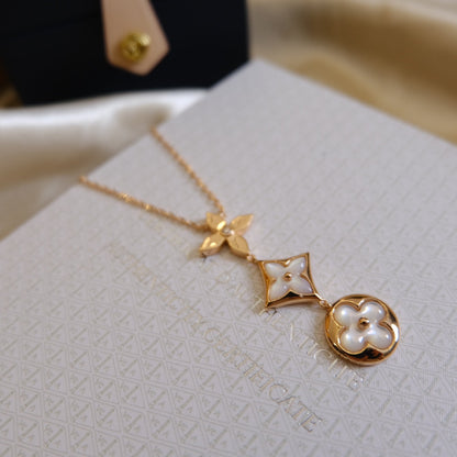 [⭐Luxery]COLOR BLOSSOM LARIAT NECKLACE PINK GOLD WHITE MOTHER PEARL AND DIAMOND