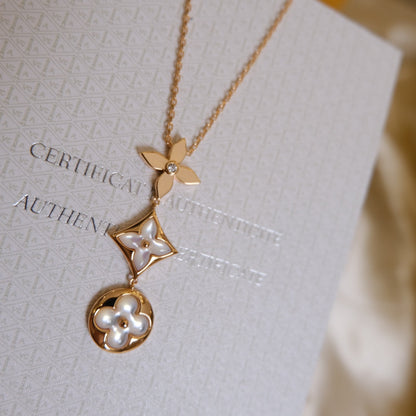[⭐Luxery]COLOR BLOSSOM LARIAT NECKLACE PINK GOLD WHITE MOTHER PEARL AND DIAMOND