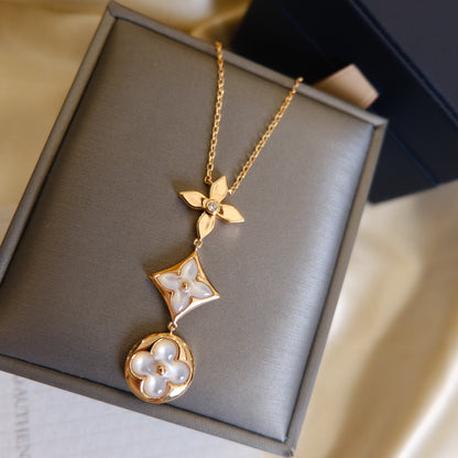 [⭐Luxery]COLOR BLOSSOM LARIAT NECKLACE PINK GOLD WHITE MOTHER PEARL AND DIAMOND