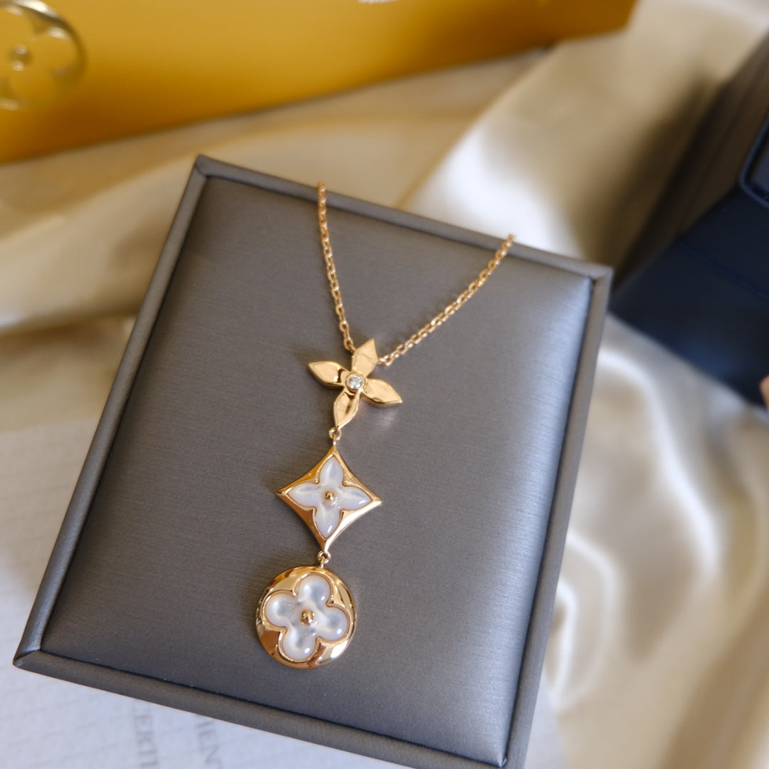 [⭐Luxery]COLOR BLOSSOM LARIAT NECKLACE PINK GOLD WHITE MOTHER PEARL AND DIAMOND