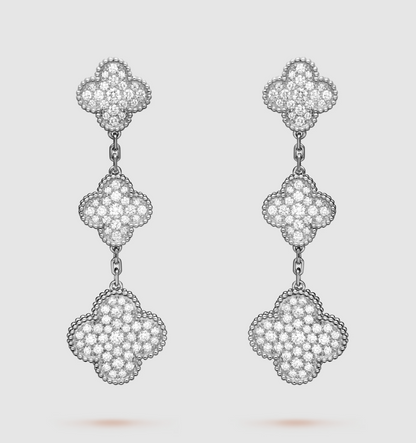 [⭐Luxery]CLOVER 3 MOTIF DIAMOND SILVER DROP EARRINGS