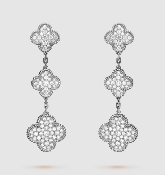[⭐Luxery]CLOVER 3 MOTIF DIAMOND SILVER DROP EARRINGS
