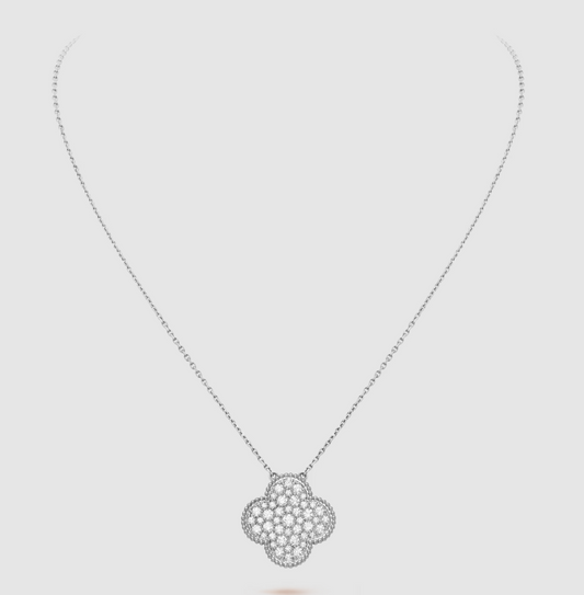 [⭐Luxery]CLOVER 25MM LARGE PENDANT DIAMOND PAVED SILVER NECKLACE