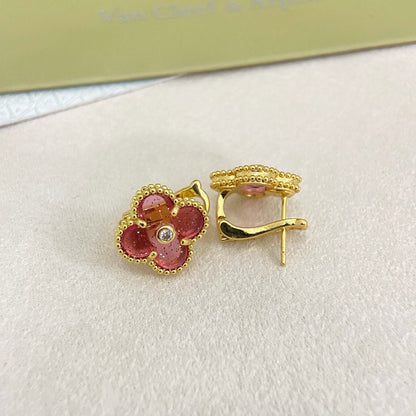 [⭐Luxery]2026 NEW  CLOVER 1 MOTIFPINK ENAMEL STUD EARRINGS WITH DIAMONDS2
