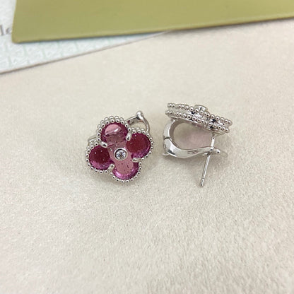 [⭐Luxery]2026 NEW  CLOVER 1 MOTIFPINK ENAMEL STUD EARRINGS WITH DIAMONDS2