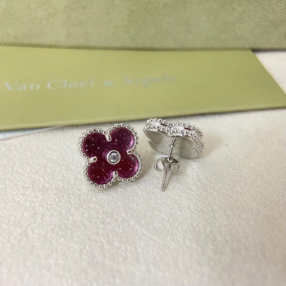 [⭐Luxery]2026 NEW  CLOVER 1 MOTIFPINK ENAMEL STUD EARRINGS WITH DIAMONDS