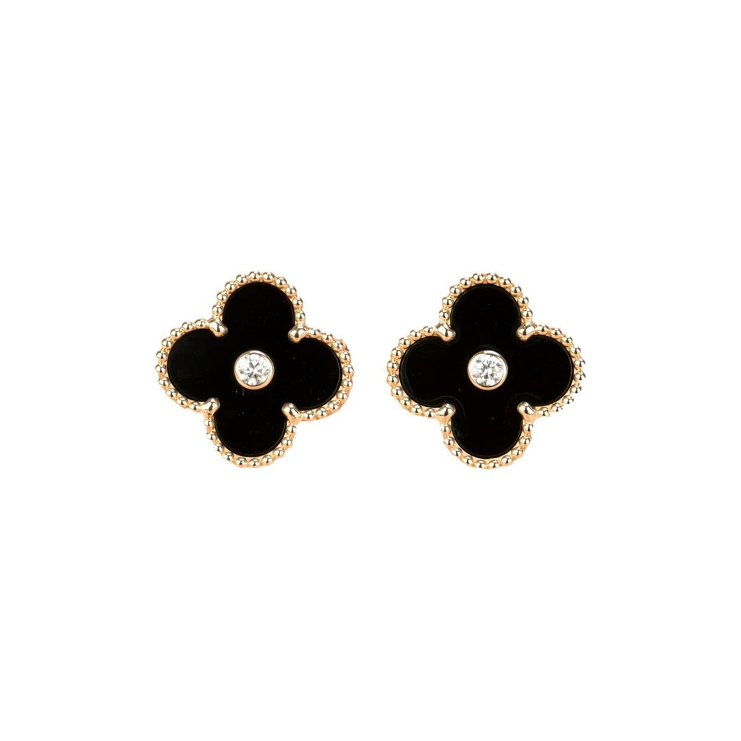 [⭐Luxery]CLOVER MEDIUM 1 MOTIFS ONYX DIAMOND EARRINGS