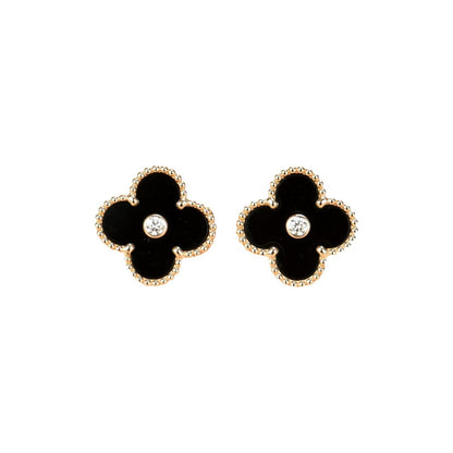[⭐Luxery]CLOVER MEDIUM 1 MOTIFS ONYX DIAMOND EARRINGS