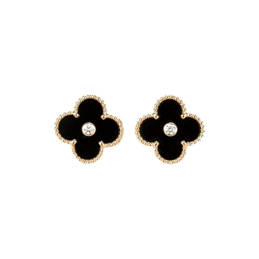 [⭐Luxery]CLOVER MEDIUM 1 MOTIFS ONYX DIAMOND EARRINGS