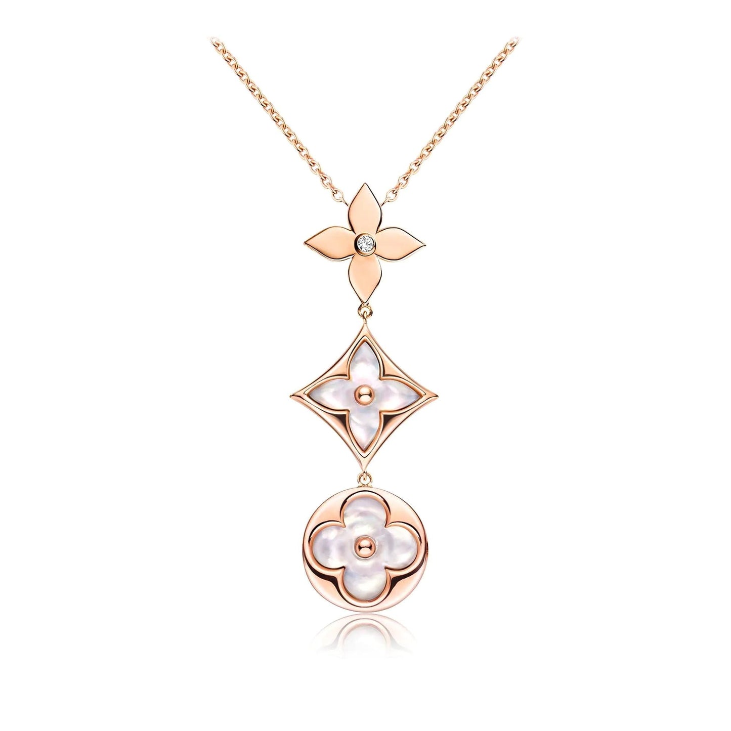 [⭐Luxery]COLOR BLOSSOM LARIAT NECKLACE PINK GOLD WHITE MOTHER PEARL AND DIAMOND
